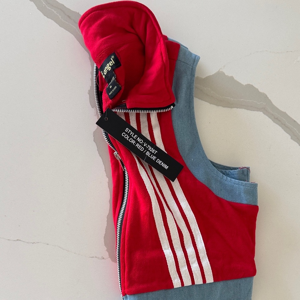 like an angel Red Zip-Front Cropped Vest with White Stripes - Picture 4 of 4